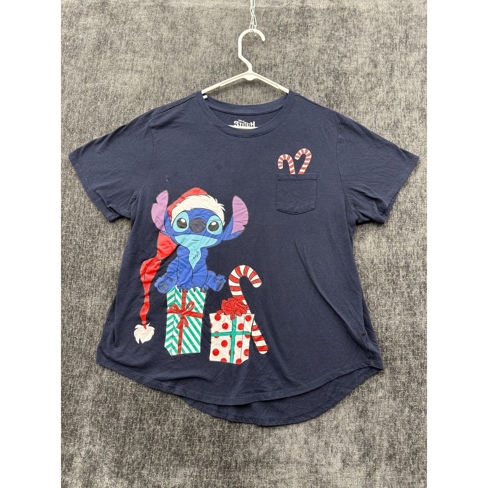 Disney‎ Stitch Christmas T Shirt Womens 3XL(21) Navy Blue Candy Canes Round Hem